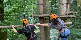 Das Bild zeigt einen W³ Ausflug in den Kletterwald. Man sieht die Rückansicht von 2 Personen, die Versuchen den Parcours zu meistern.