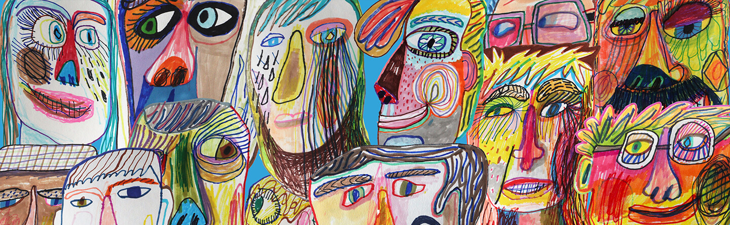 Diese Zeichnung zeigt abstrakte Gesichter mit unterschiedlichen Mimiken, Farben und Gefühlen.